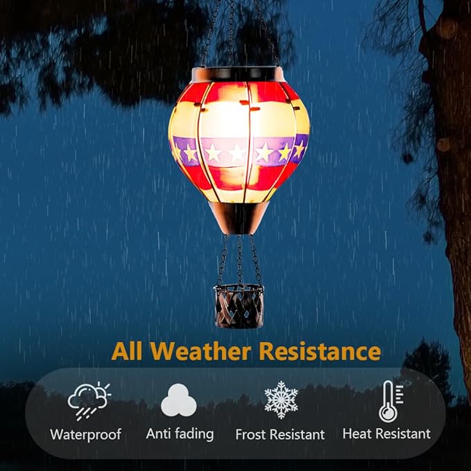 DREAMSOUL 2 PCS Flag Solar Hot Air Balloon Lantern with Flame, Hanging Waterproof Solar Lanterns Outdoor Waterproof Flag Day for Patio Garden Decor, Fourth of July Decorations