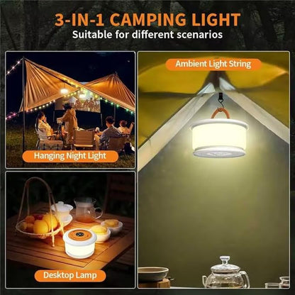 Camping String Lights, 3 in 1 Upgraded Retractable RGB Outdoor String Lights with 19 Lighting Modes,Quick 30s Recovery, 32.8 FT Portable Tent Lights, Rechargeable Camping Lantern (White&Orange)