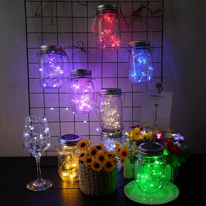 Miaro 8 Pack Mason Jar Lights, 20 LED Solar Warm White Fairy String Lights Lids Insert for Garden Deck Patio Party Wedding Multicolor