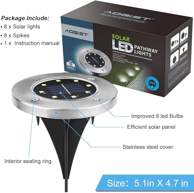 Aogist Solar Ground Lights, 8 LED Garden Disk Lights In-Ground Outdoor Landscape Lighting for Lawn Patio Pathway Yard Deck Walkway (Warm White, 8 Pack)