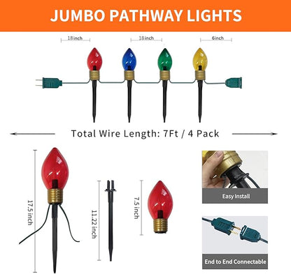 Jumbo Christmas Pathway Lights Outdoor, 7FT 4Pcs Multicolor LED Connectable Plug in Walkway Lights for Driveway, Yard, Fence Decor, Green Wire, Waterproof & UL Listed