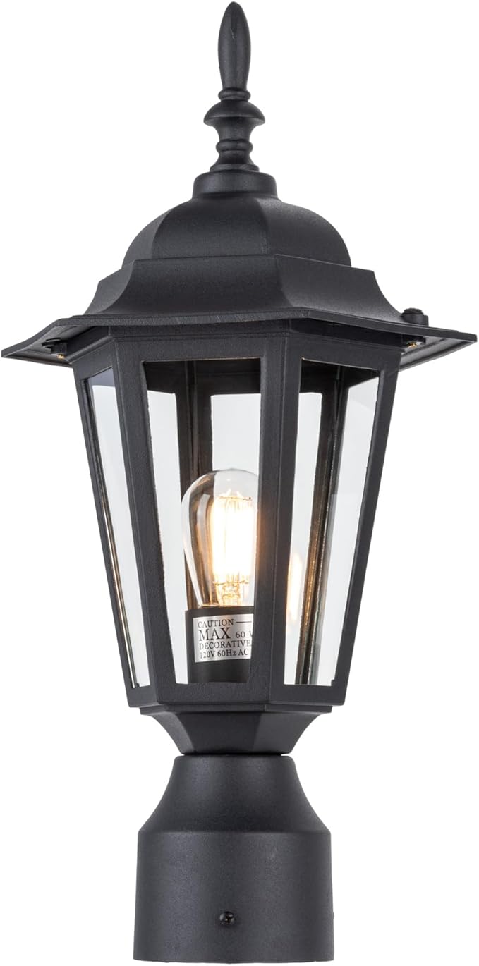 LIT-PaTH 16 Inch Outdoor Lamp Post Light Fixture, Exterior Pole Lantern with Clear Glass, Hardwired Aluminum Post Lighting for Driveway Garden Yard, Matte Black, 1-Pack