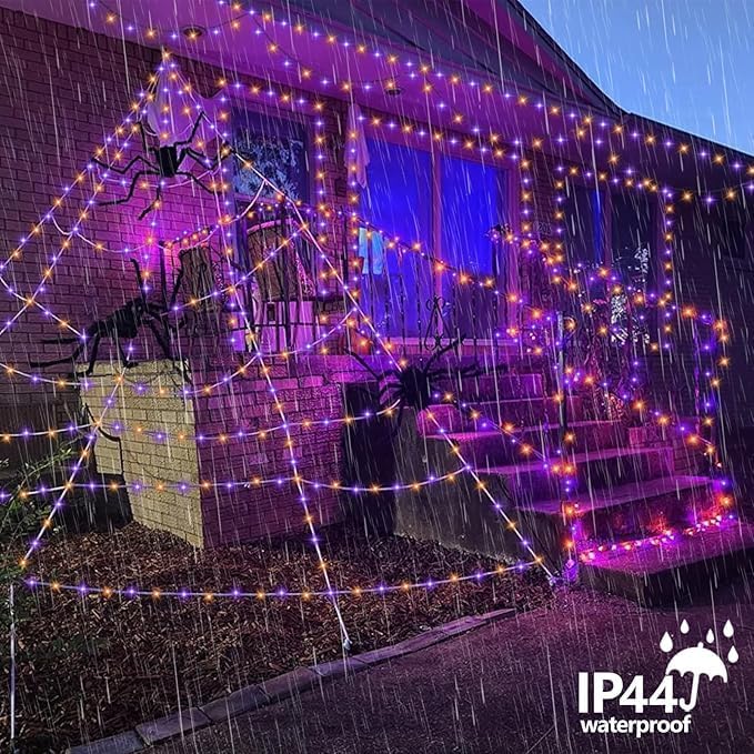 YEGUO Halloween Lights Battery Operated, 2 Pack Each 33ft 100 LED Orange and Purple String Lights Outdoor Waterproof, Green Wire Fairy Christmas Light Indoor with Remote