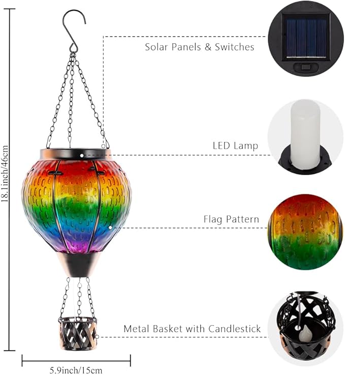 DREAMSOUL 2 PCS Solar Hot Air Balloon Lantern with Flame, Glass Hanging Solar Lanterns Outdoor Waterproof for Lawn Patio Porch Decor