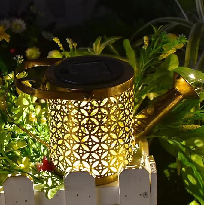 Solar Watering Can Lights, LED Solar Lantern String Light Outdoor Garden Waterproof Hollowed-Out Retro Metal Water Can Lights, for Garden Patio Yard Pathway Lantern Plant Decoration(with Bracket)