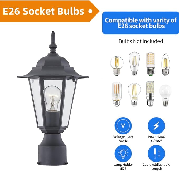 WISBEAM 2 Packs Outdoor Post Light, Pole Lantern, E26 Base 60W Max, Aluminum Housing Plus Glass, Wet Location Rated, ETL Qualified, Bulbs not Included, Black