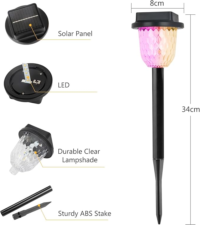 echosari 2 Pack Color Changing Solar Pathway Lights, Dynamic Pattern Multicolor & Warm White Solar Lights Outdoor Waterproof Garden Lights for Landscape Path Driveway Walkway Lawn