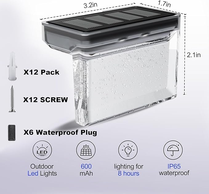 TIJNN Solar Deck Lights Outdoor Waterproof (6 Pack) – LED Solar Fence Lighting for Steps, Stairs, Railing, Patio & Backyard – Wireless Auto Dusk to Dawn Warm White Decor