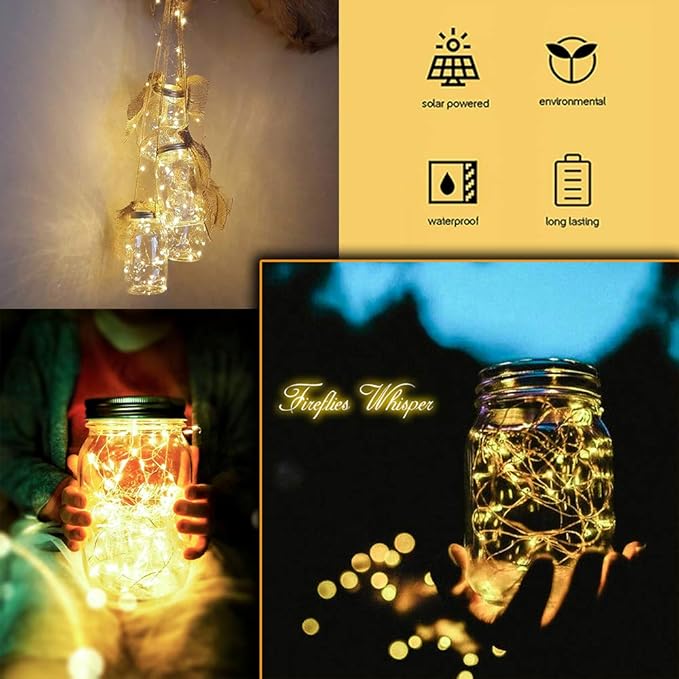 SunKite Solar Mason Jar Lights [Updated], 8 Pack 20 LED Waterproof Fairy Firefly Jar Lids String Lights with Hangers(NO Jars), Patio Yard Garden Wedding Decoration - Warm White