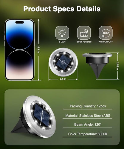 Mini Solar Ground Lights 12 Pack, Solar Lights Outdoor Waterproof, Solar Garden Lights Outdoor Landscape Lighting for Pathway Walkway Patio Yard Driveway, Cold White