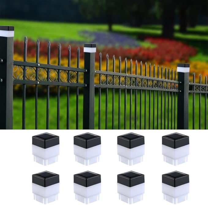 Fence Lights Solar Powered Solar LED Fence Post Cap 2In x 2In(5cm x 5cm) for Wrought Iron, Aluminum, Garden & Outdoor (White Light, 8)
