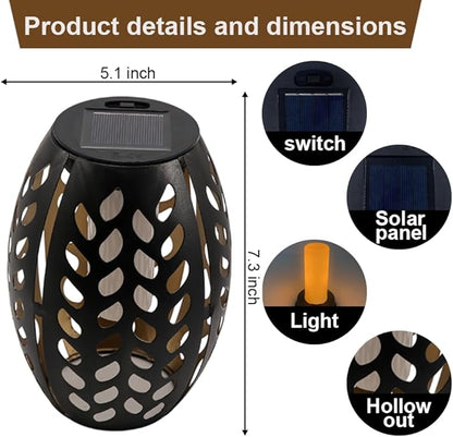 2PCS Solar Table Lanterns with Flickering Flame Light Outdoor Waterproof, Metal Desktop Decorative Lamp with Hollow Design for Tabletop Garden, 7.3" H Black Leaf