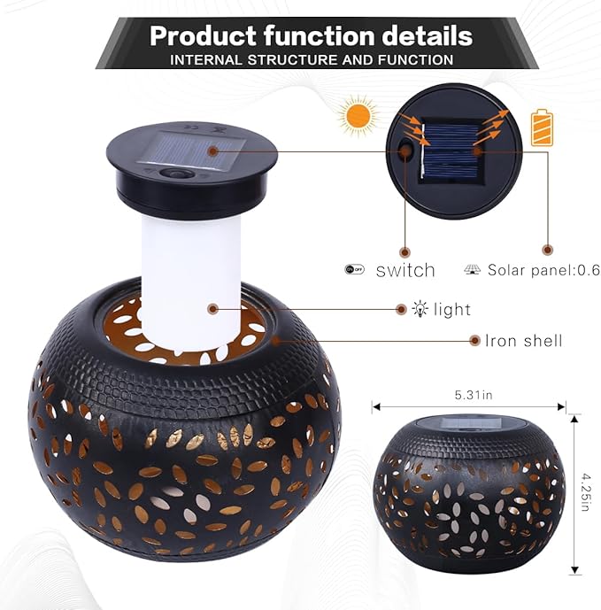 Solar Table Lanterns Outdoor Waterproof- 2 Pack Dancing Flickering Flame Solar Lights,Black Metal Desktop Decorative Lamps for Gifts for Women Mom Desk Patio Garden Yard Decor