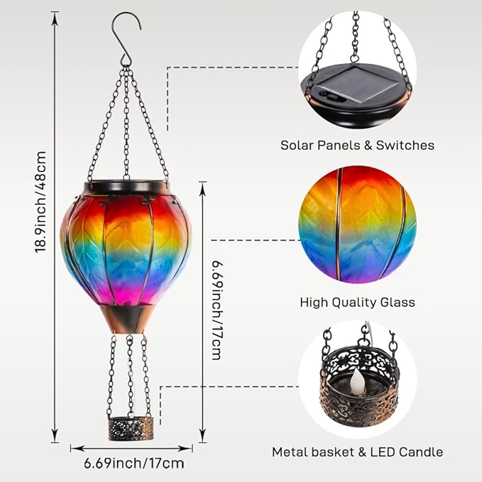 Starsoul Hot Air Balloon Solar Lantern with Candle Holder Flickering Flame Hanging Garden Light Waterproof Glass Solar Lanterns Outdoor Waterproof Decorative for Lawn Porch Tree Yard