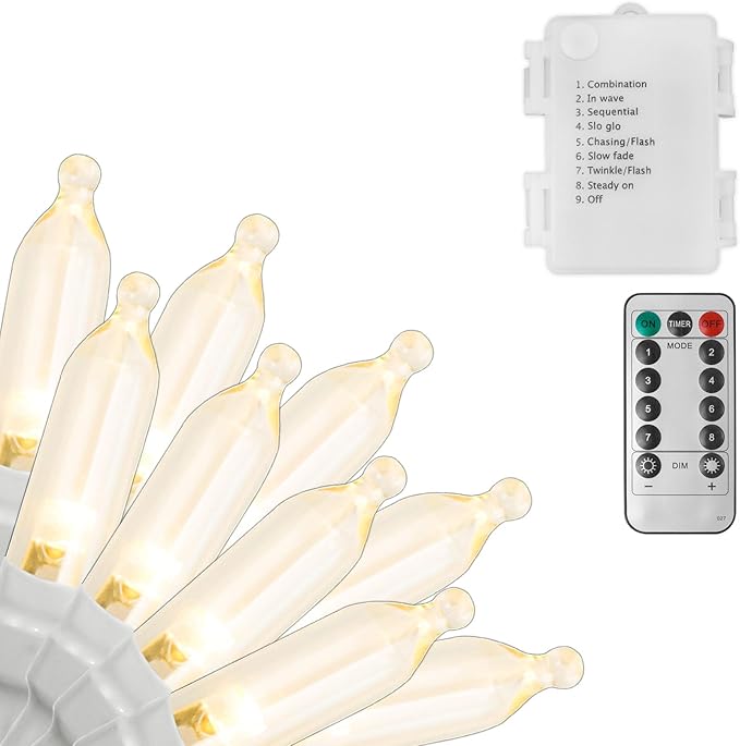Christmas Lights Battery Operated, 33Ft 100 LED Warm White Xmas Lights with Auto Timer & 8 Modes, Shatterproof Waterproof for Outdoor Indoor Home Christmas Decor, White Wire