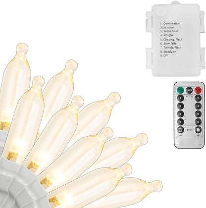 Christmas Lights Battery Operated, 33Ft 100 LED Warm White Xmas Lights with Auto Timer & 8 Modes, Shatterproof Waterproof for Outdoor Indoor Home Christmas Decor, White Wire