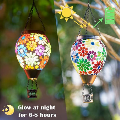 Starsoul Mosaic Flowers Hot Air Balloon Solar Lantern Glass Outdoor Hanging Hot Air Balloon Solar Flickering Flame Light Waterproof Garden Patio Yard Party Decorations Gifts for Women