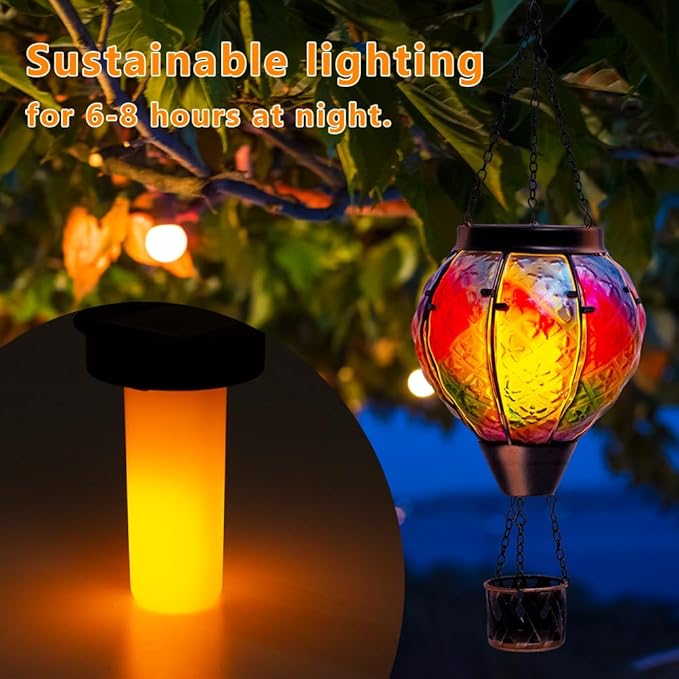 STARSOUL Solar Hot Air Balloon Lantern with Flickering Flame, Colorful Hanging Solar Lantern Outdoor Waterproof, Hot Air Balloon Solar Light Decorations for Garden Yard Lawn Porch Porch Backyard