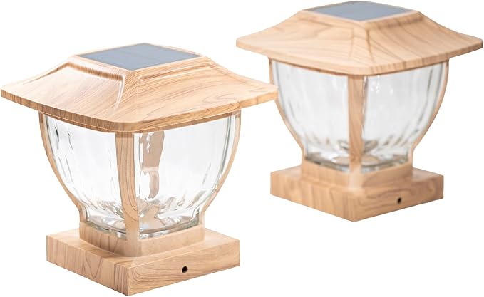 Maxsa 41881 Solar Wave Glass Post and Fence Cap Lights, Dusk-to-Dawn Solar-Powered Lighting, 3 Super Bright LEDs, 30 lumens of Warm-White Light, Fits 4x4, 5x5 & 6x6 Posts, Oak Wood Finish, 2-Pack