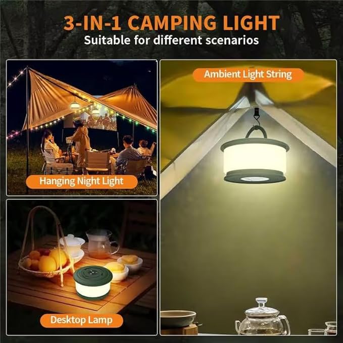 Camping String Lights, 3 in 1 Upgraded Retractable RGB Outdoor String Lights with 19 Lighting Modes, Quick 30s Recovery, 32.8 FT Portable Tent Lights, Rechargeable Camping Lantern (Green)
