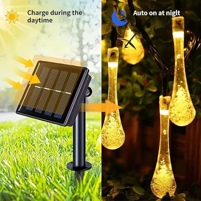 Solar String Light Outdoor Waterproof Solar Drop Lights,Water Drop Fairy Lights 13ft 20LEDs Solar Light with 8 Modes Solar Party Lights for Garden,Christmas Decorations (20ft 30LED Warm)