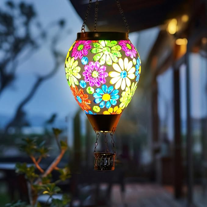 Starsoul Mosaic Flowers Hot Air Balloon Solar Lantern Glass Outdoor Hanging Hot Air Balloon Solar Flickering Flame Light Waterproof Garden Patio Yard Party Decorations Gifts for Women