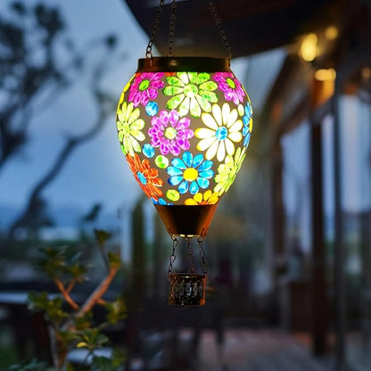 Starsoul Mosaic Flowers Hot Air Balloon Solar Lantern Glass Outdoor Hanging Hot Air Balloon Solar Flickering Flame Light Waterproof Garden Patio Yard Party Decorations Gifts for Women