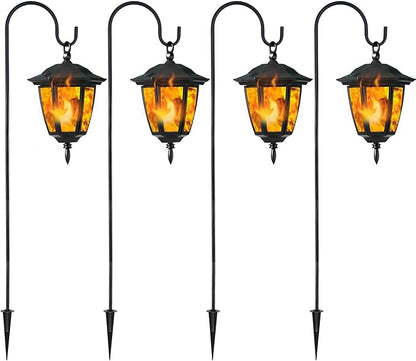 Dynaming 4 Pack Solar Flame Hanging Lights Outdoor, Halloween Solar Flickering Flame LED Garden Lanterns with 4 x 38 Inch Shepherd Hooks, Christmas Lighting for Lawn Patio Yard Pathway Driveway