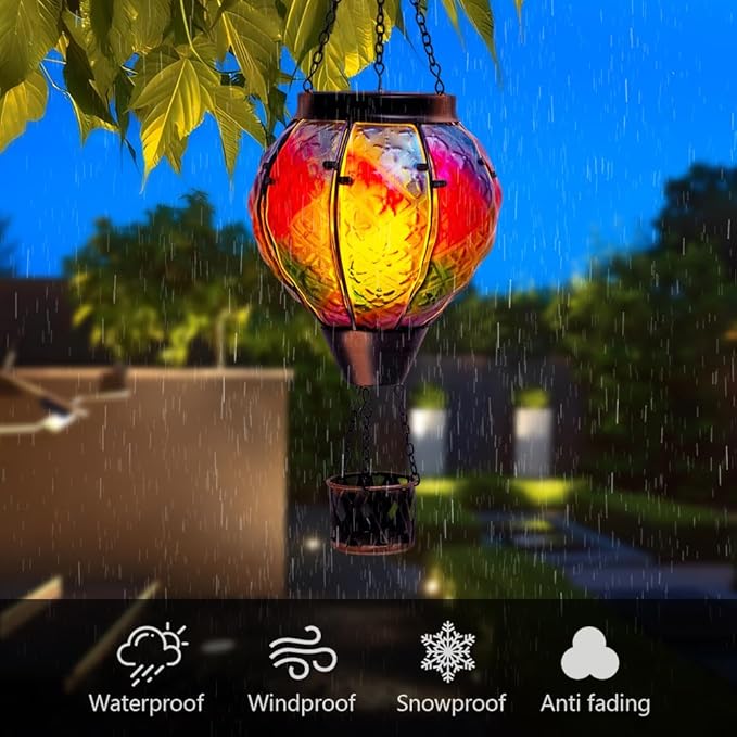 STARSOUL Solar Hot Air Balloon Lantern with Flickering Flame, Colorful Hanging Solar Lantern Outdoor Waterproof, Hot Air Balloon Solar Light Decorations for Garden Yard Lawn Porch Porch Backyard