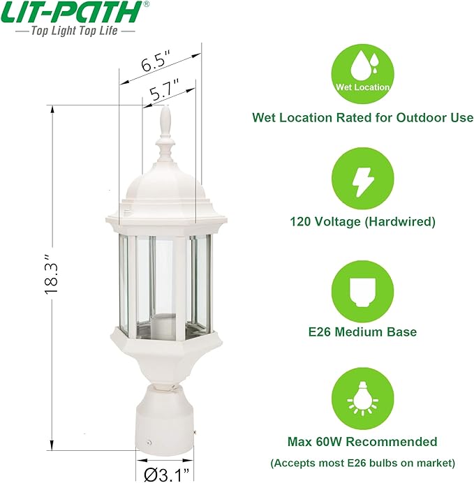 LIT-PaTH Outdoor Post Lighting Fixture Pole Lantern, E26 Medium Base Max 60W, Aluminum Housing Plus Glass, 1-Pack, White Finish