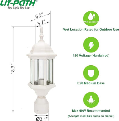 LIT-PaTH Outdoor Post Lighting Fixture Pole Lantern, E26 Medium Base Max 60W, Aluminum Housing Plus Glass, 1-Pack, White Finish