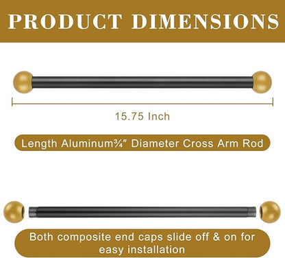 Canomo 15.75" Improved Lamp Post Cross Arm Ladder Rest with 1-3/8 Inches Threaded Metal Ball for Outdoor Lamp Posts and Poles, Black Bar with Brass Caps