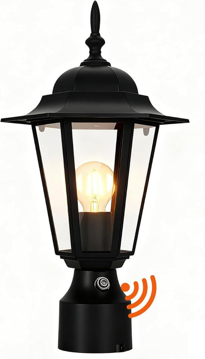 15" Dusk to Dawn Outdoor Post Light, Modern Black Outdoor Lamp Post Light Fixture, Lamp Posts Exterior Lighting Pole Lantern for Outside Porch Garage Street, Waterproof Aluminum & Glass, 1 Pack, E26