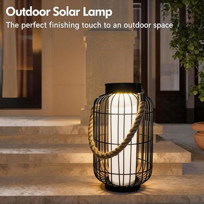 pearlstar Large Solar Powered Lantern Outdoor-Heavy Duty Metal Hanging Lights Decorative Solar Table Lamp Waterproof for Outside Patio Yard Garden Porch Tabletop Decor (Black)