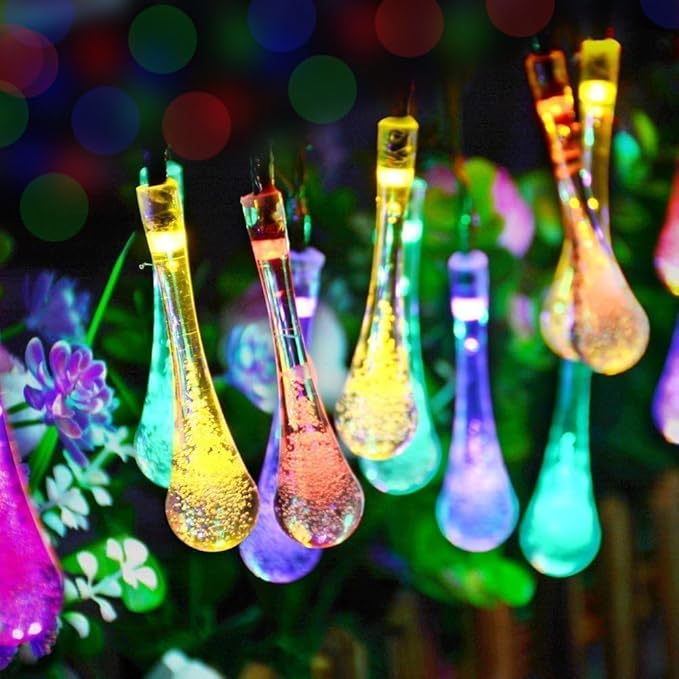 Solar String Light Outdoor Waterproof Solar Drop Lights,Water Drop Fairy Lights 13ft 20LEDs Solar Light with 8 Modes Solar Party Lights for Garden,Christmas Decorations (Multicolor)