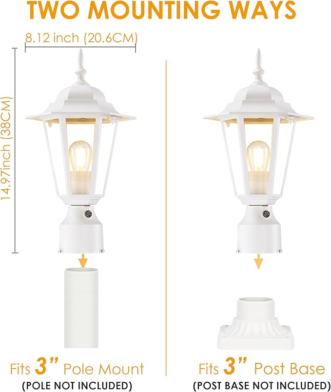 GRUENLICH Dusk to Dawn Outdoor Post Lights, Modern White Exterior Lamp Post Light Fixture, Anti-Rust Aluminum Pole Lantern for Garage Front Yard, 2 Pack