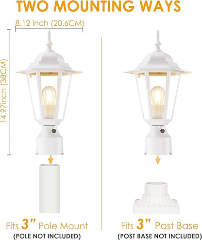 GRUENLICH Dusk to Dawn Outdoor Post Lights, Modern White Exterior Lamp Post Light Fixture, Anti-Rust Aluminum Pole Lantern for Garage Front Yard, 2 Pack