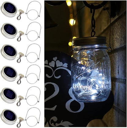 Solar Mason Jar Lights, 6 Pack 20 LED Fairy String Lights with 6 Hangers (No Jars), Waterproof Firefly Lights Lantern for Outdoor, Wedding, Patio, Garden, Party, Christmas Decor (Cold White)