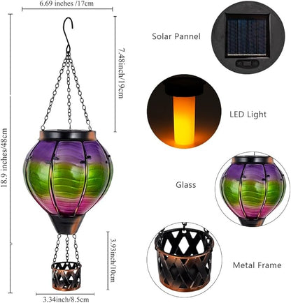Hot Air Balloon Solar Lantern with Flickering Flame, Glass Outdoor Lantern Waterproof Hanging Lamp Decor for Patio, Porch, Garden(Green & Purple)