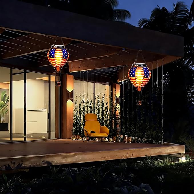 Larekook Solar Hot Air Balloon - Solar Lanterns Outdoor Hanging Waterproof for Garden Yard Patio Farmhouse Decoration，Stained Glass Flag