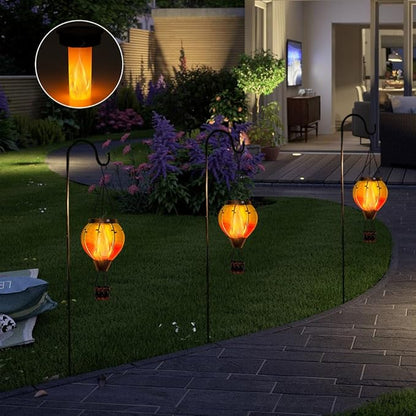 Hot Air Balloon Solar Lantern with Flickering Flame, Glass Outdoor Lantern Waterproof Hanging Lamp Decor for Patio, Porch, Garden(Green & Purple)