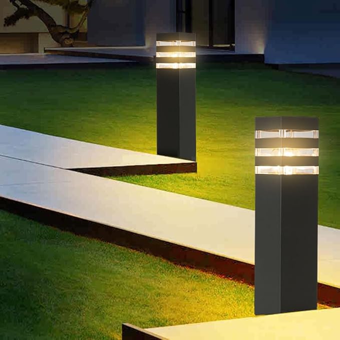 SLAWA 15In Pathway Lights Black E26 Outdoor Landscape Path Lighting Aluminum Walkway Bollard Lights Modern Landscape Sideway Post Lantern IP65 Waterproof Patio Porch Exterior Floor Lamp with Bulb