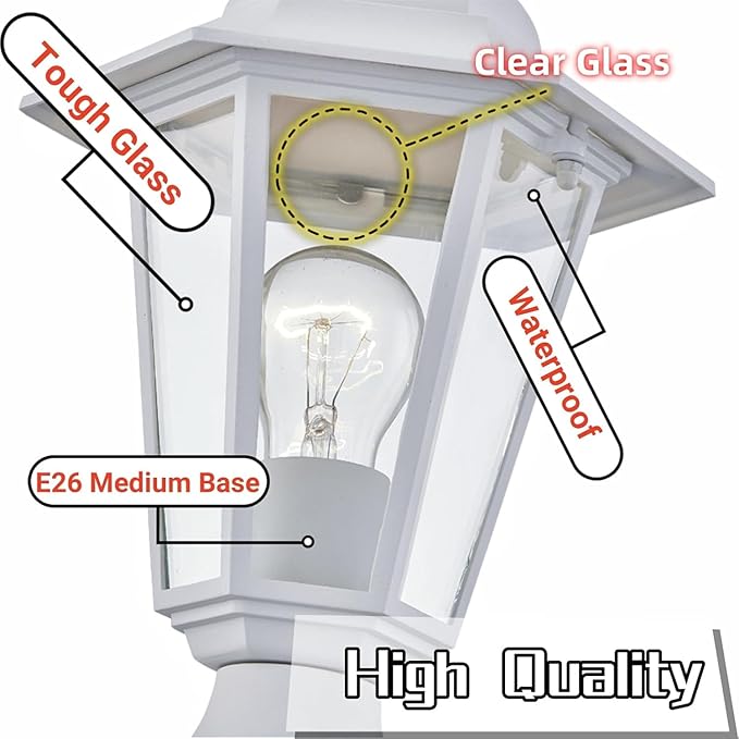 WISBEAM 2 Packs Outdoor Post Light, Pole Lantern, E26 Base 60W Max, Aluminum Housing Plus Glass, Wet Location Rated, ETL Qualified, Bulbs not Included, White