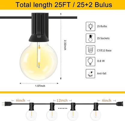 LED Outdoor String Lights, 25Ft G40 Globe Patio String Light Waterproof with 27 LED Warm White Bulbs, Hanging Outdoor Lights for Backyard Garden Porch Bistro Wedding Party Holiday Decor, Black Wire