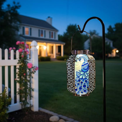 Solar Peacock Lantern Outdoor Hanging Garden Decor – Waterproof Metal & Stained Glass Light with Handle – Decorative Retro Yard Art for Patio, Porch, Table, Pathway – Gardening Gift for Mom & Women