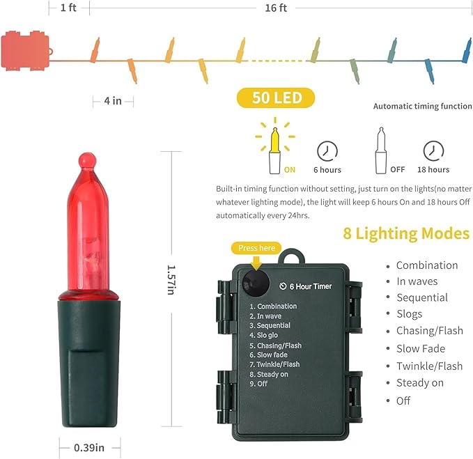 WATERGLIDE 2 Pack 50 LED Outdoor Valentines Lights, 16FT Battery Operated Mini String Lights with 8 Modes & Timer, Christmas Tree Lights Waterproof for Patio Garden Party Holiday Decor, Red & White