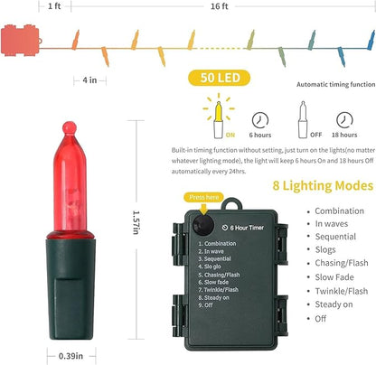 WATERGLIDE 2 Pack 50 LED Outdoor Christmas Lights, 16FT Battery Operated Mini String Lights with 8 Modes & Timer, Xmas Tree Lights Waterproof for Patio Garden Party Wedding Holiday Decor, Red & Green