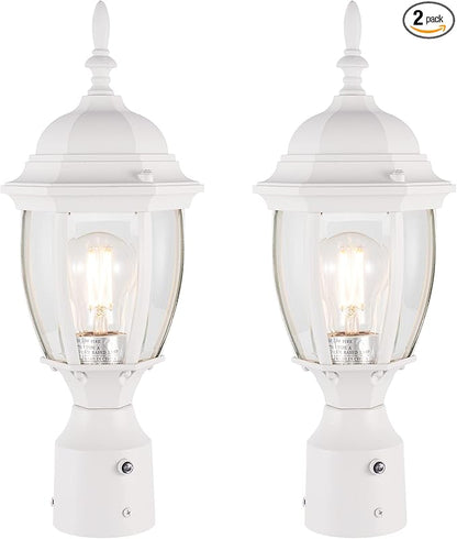 LIT-PaTH Dusk to Dawn Outdoor Post Lighting Fixture Pole Lantern, E26 Medium Base Max 60W, Aluminum Housing Plus Glass, Bulb Not Included (White, 2-Pack)
