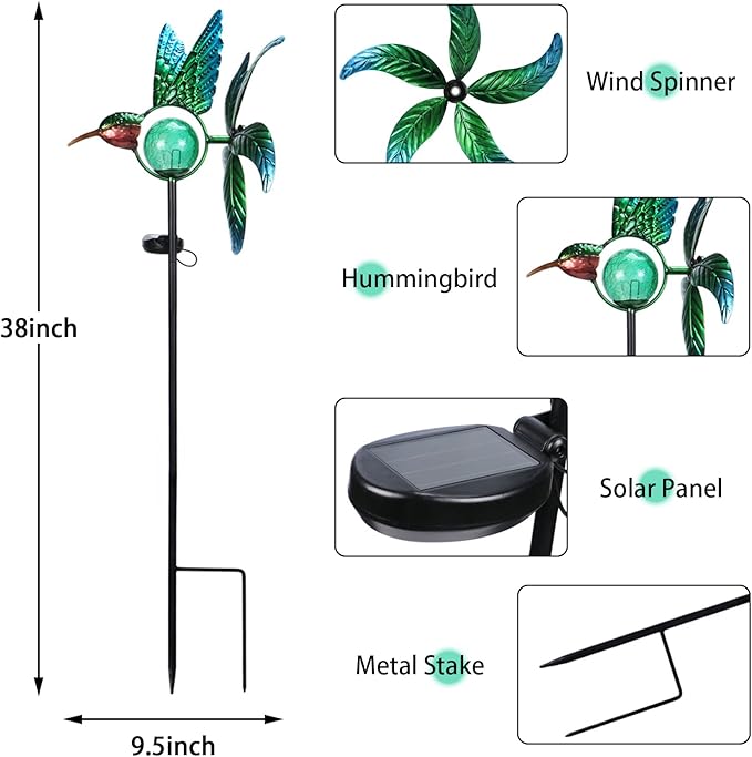 Bshine Hummingbird Solar Light Wind Spinner Outdoor Garden Decoration, Waterproof Garden Stake with Cracked Glass Ball, Gift for Mom, Lawn Ornaments for Pathway, Patio, Yard Decor Outdoor