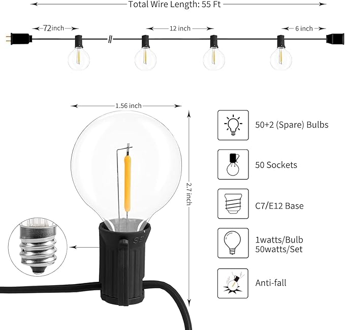 55ft String Lights for Porch, Waterproof LED